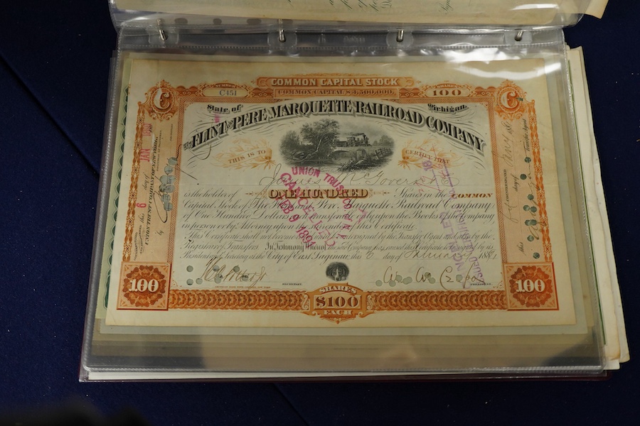 An album of mainly early to mid 20th century railway, bank and engineering share certificates, companies including; Norfolk Estuary Company, Martin’s bank Limited, the Waterloo, Cedar Falls & Northern Railroad, the St. L